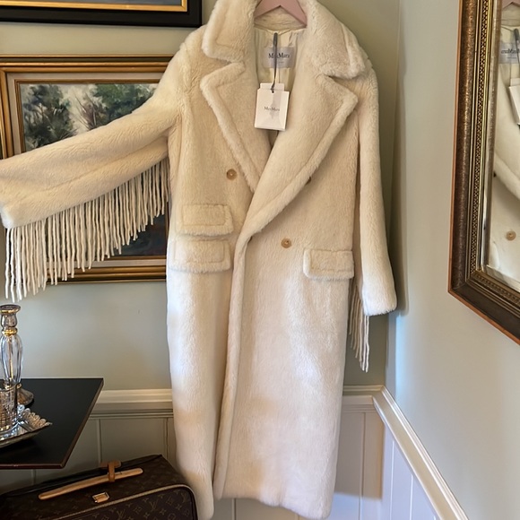 Max Mara Fall Winter Cream Cheiti Alpaca Fur Teddy Coat Jacket Fringe L XL - Picture 7 of 17